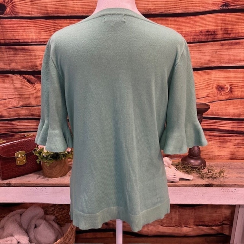JOSEPH A WOMENS AQUA SWEATER -3/4 RUFFLED SLEEVE SIZE M - Picture 2 of 9